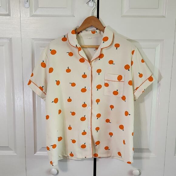 Womens Cream Textured Button Up Short Sleeve Shirt Size XL Oranges Lightweight - Picture 1 of 9